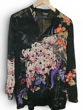 CITRON Black Long Sleeve Semi Sheer Lotus Print Silk Blend Button Down - Large